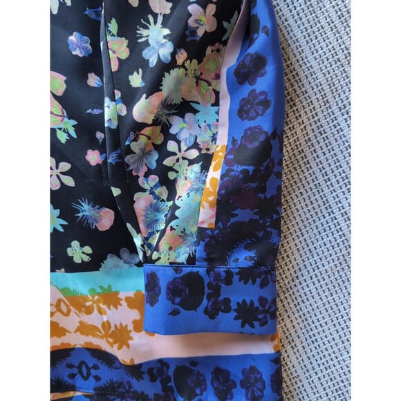 RACHEL ROY L Silky Kimono Blouse Blue & Gold Floral Button Up Collarless Top - Picture 5 of 12